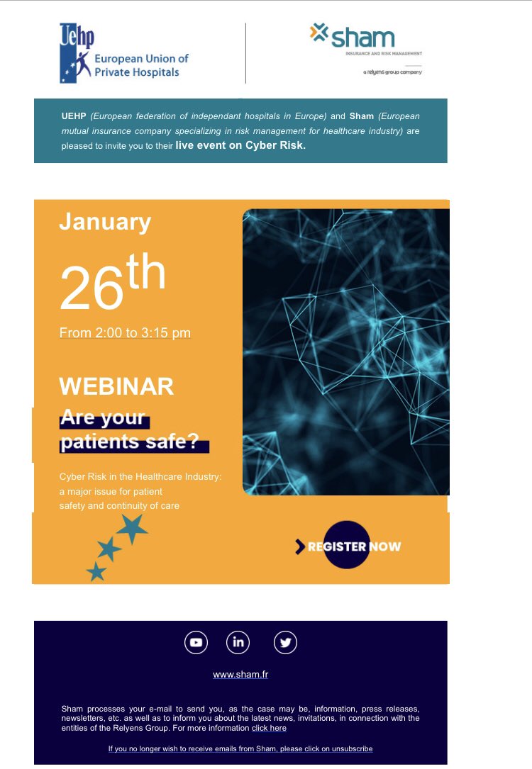 UEHP – SHAM webinar “Are your patients safe? – Cyber Risk in Hospitals: a major issue for patient safety and continuity of care” – 26 January from 14h to 15.15h 